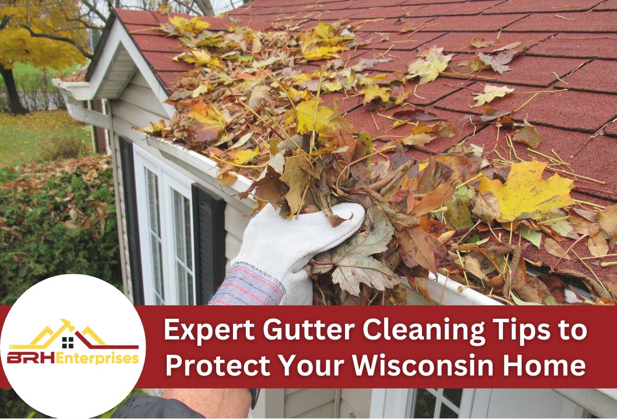 Hand cleaning autumn leaves from clogged house gutter on red shingled roof
