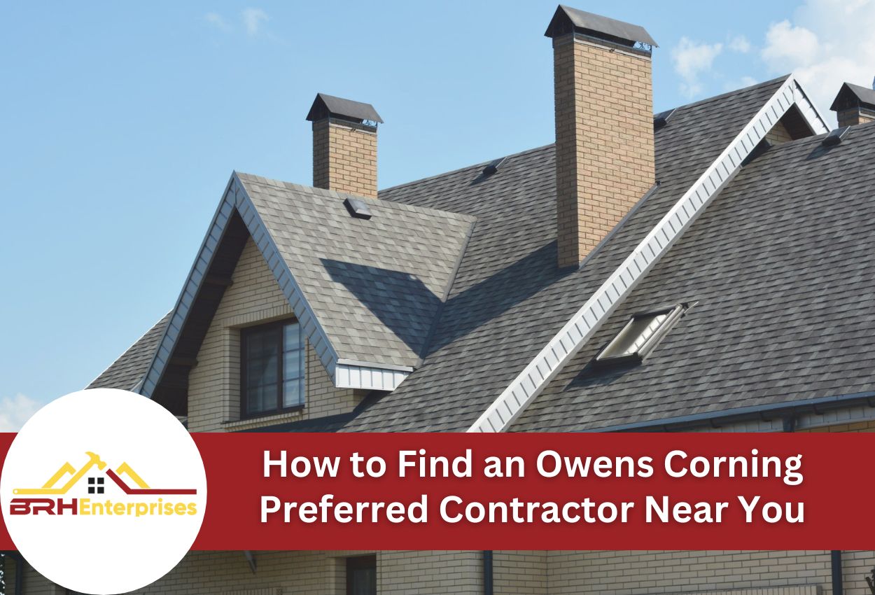 Modern house roof with brick chimneys and Owens Corning contractor guide overlay