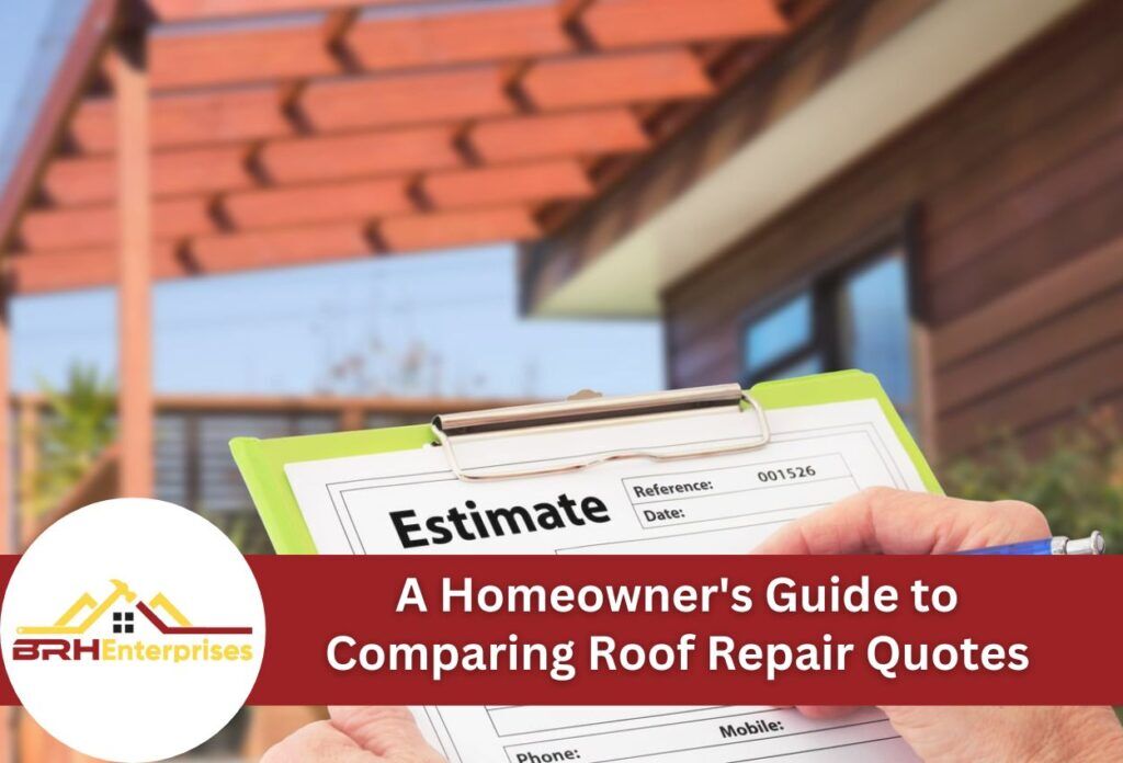 Hand holding roof repair estimate clipboard with house background - homeowner guide