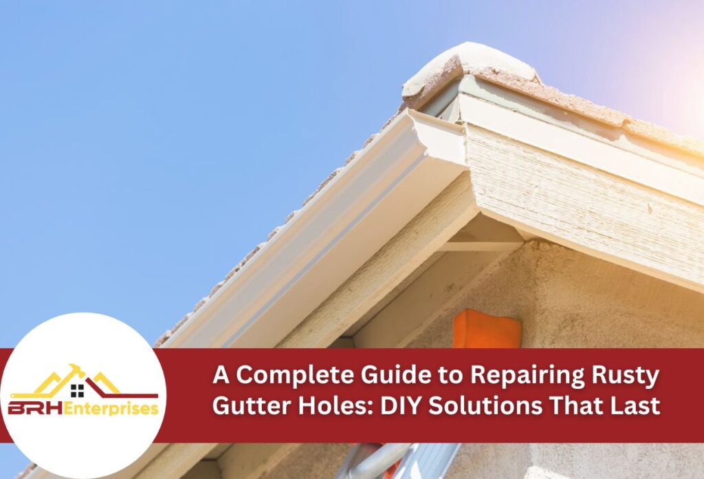 House roof corner with white gutters and fascia boards against blue sky
