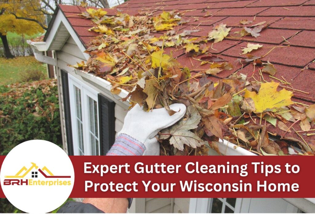 Hand cleaning autumn leaves from clogged house gutter on red shingled roof