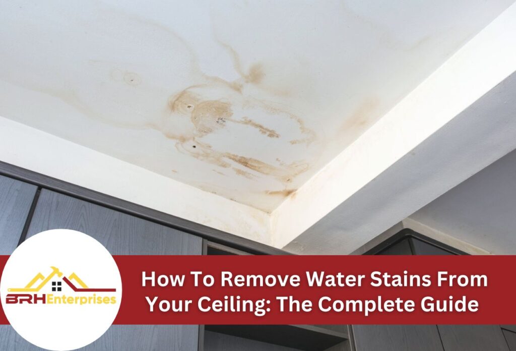 Water damage stains on white ceiling in modern home interior