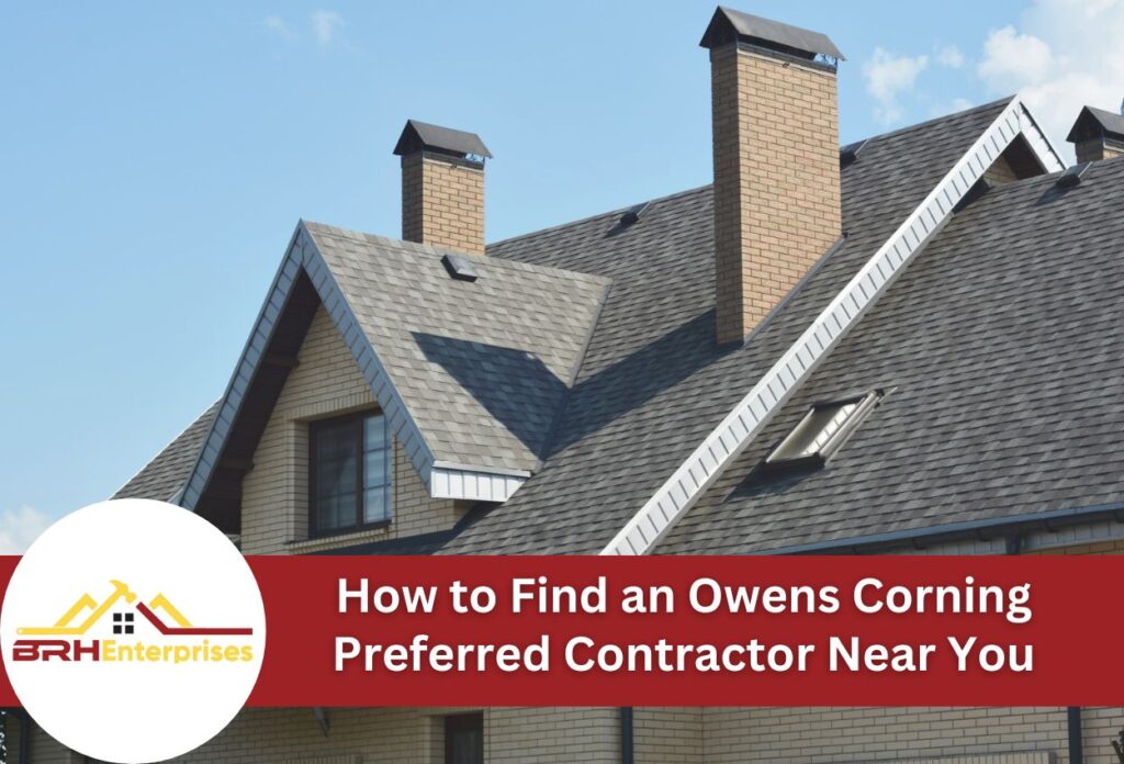 Modern house roof with brick chimneys and owens corning contractor guide overlay