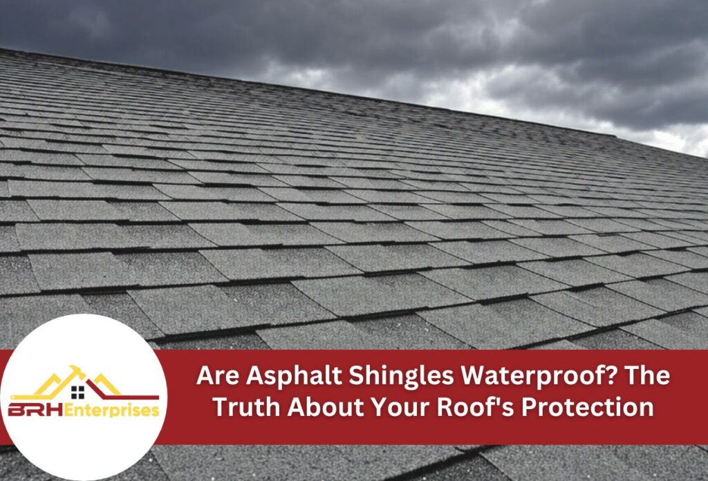 Gray asphalt shingles on residential roof under stormy cloudy sky