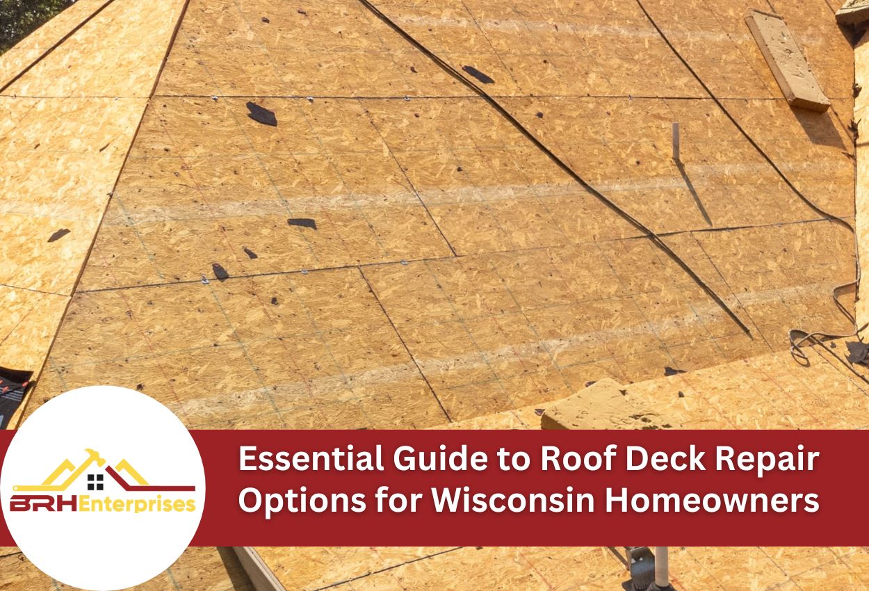 Roof deck repair guide showing damaged plywood sheathing with visible wear and holes
