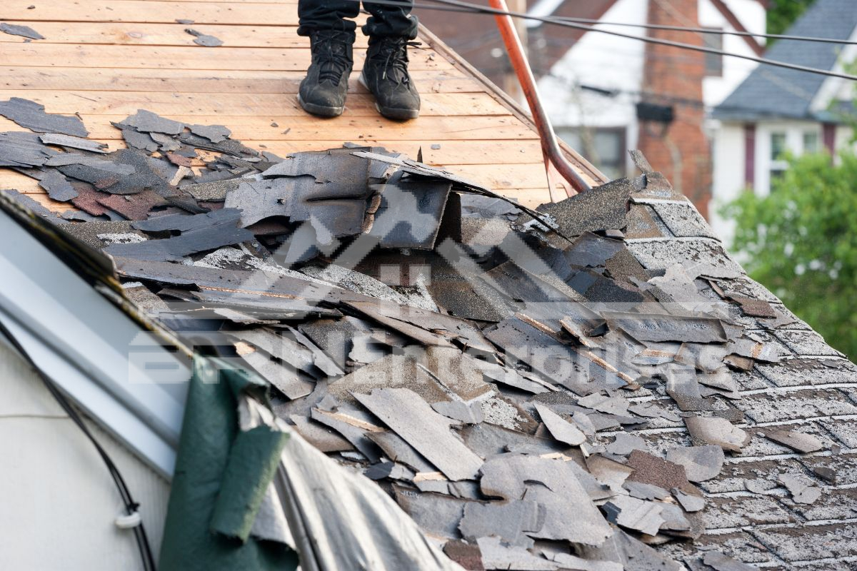 Roof repair process with old shingles removed and carpenter's boots visible