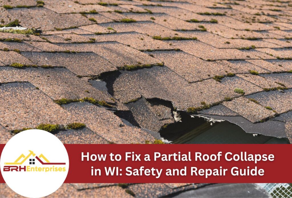 Damaged roof shingles with partial collapse needing repair and safety guide.