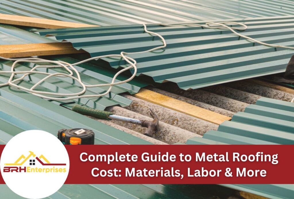 Metal roofing installation with green panels, tools, and wiring.