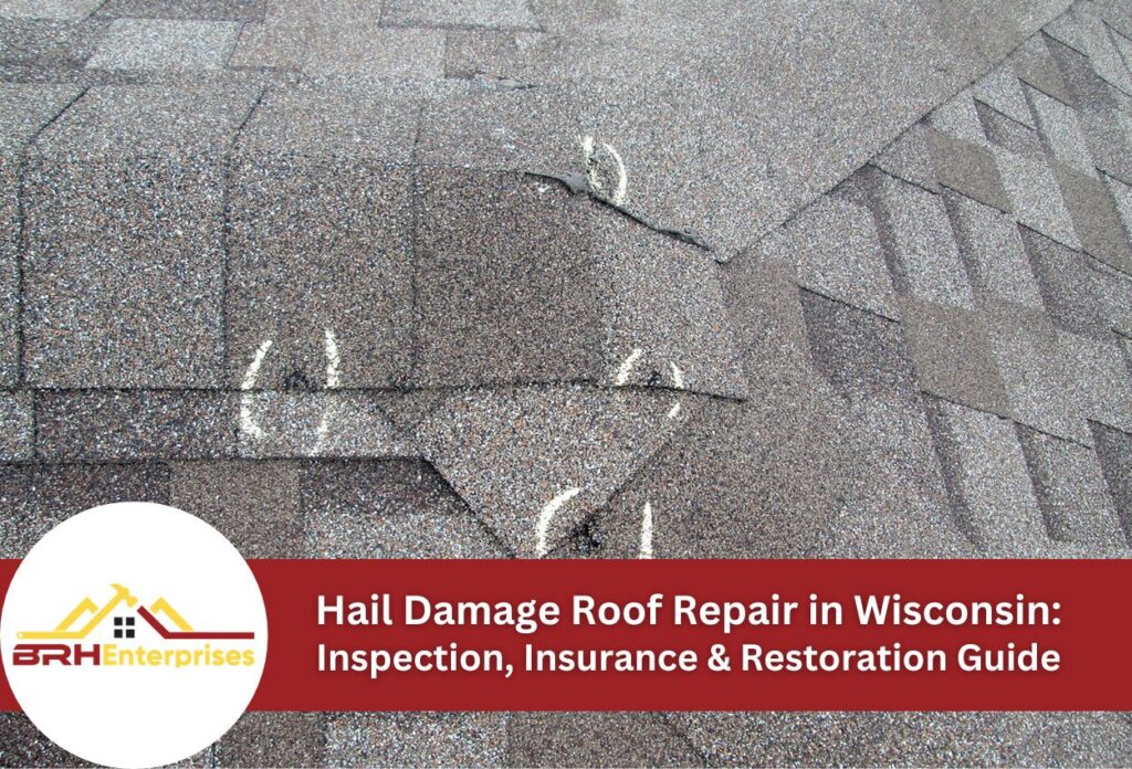 Close-up of roof shingles with hail damage and repair markings