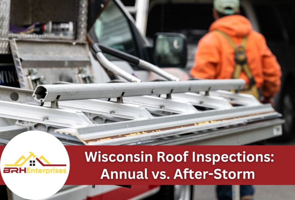 Worker preparing for roof inspection with ladder on truck, Wisconsin focus